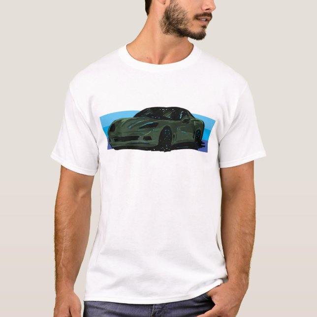 Corvette C6 Dark Green Sportscar with Blue Stripe  T-Shirt (Front)