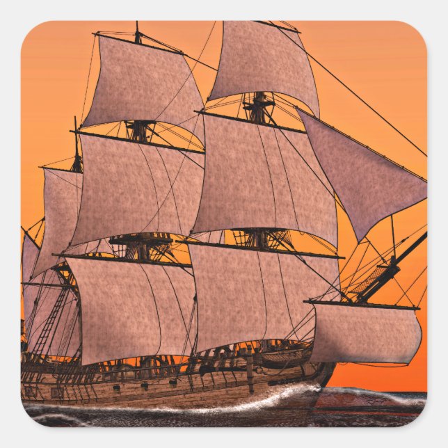 Corvette Sailing Ship at Sunset Square Sticker (Front)
