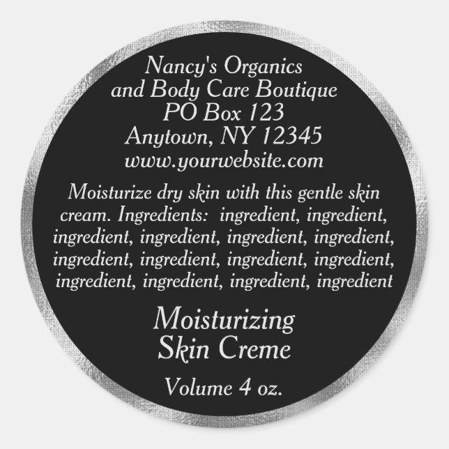 Cosmetic Label with Ingredients - black w silver (Front)
