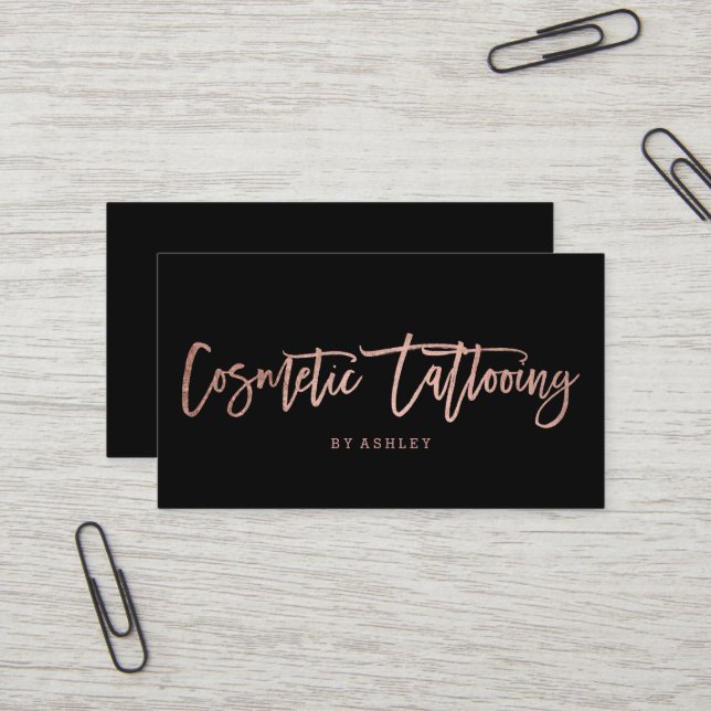 Cosmetic tattoing faux rose gold typography black business card (Front/Back In Situ)