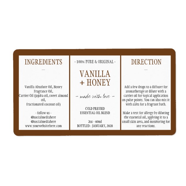 Cosmétique vanille miel Ingrédients brun (Devant)