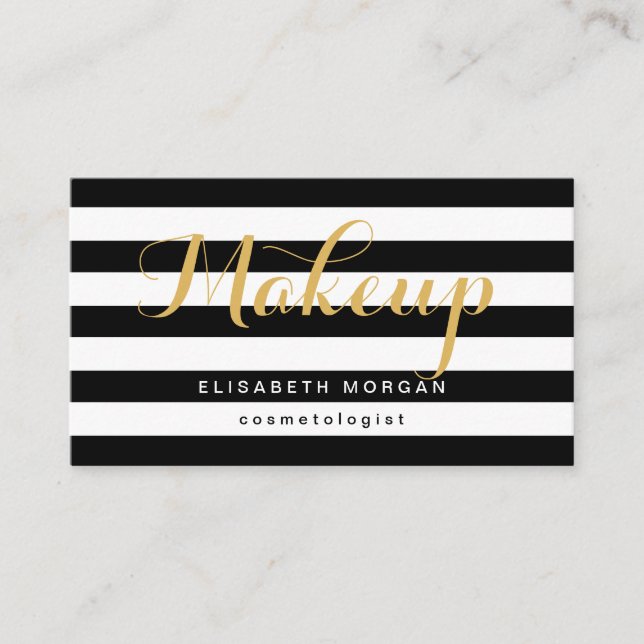 Cosmetologist Gold Calligraphy Black White Stripes Business Card (Front)