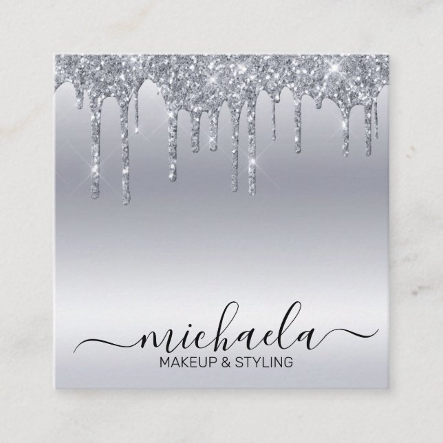 Cosmetologist Makeup Artist Silver Glitter Drip Square Business Card (Front)