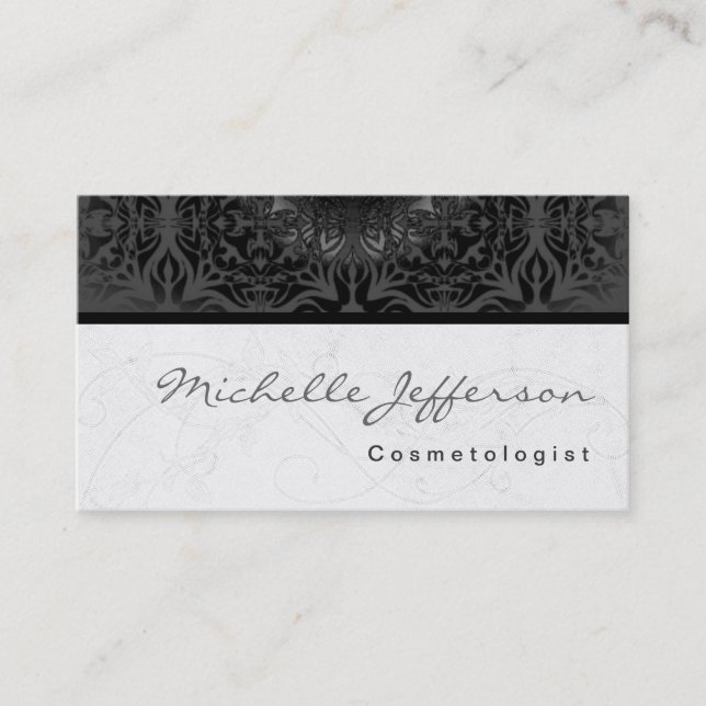 Cosmetologist Script Grey Pattern Business Card (Front)