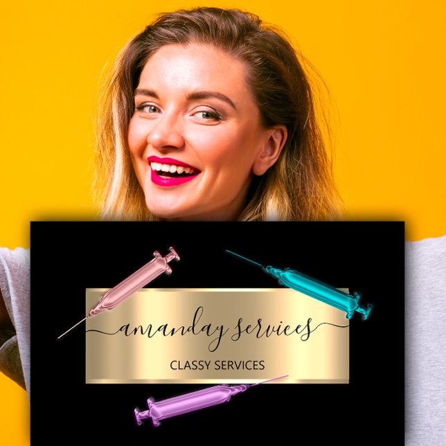 Cosmetologist Syringe Botox B12 QRCode Black Gold Business Card (Cosmetologist Syringe Botox B12 QRCode Black Gold Business Card)