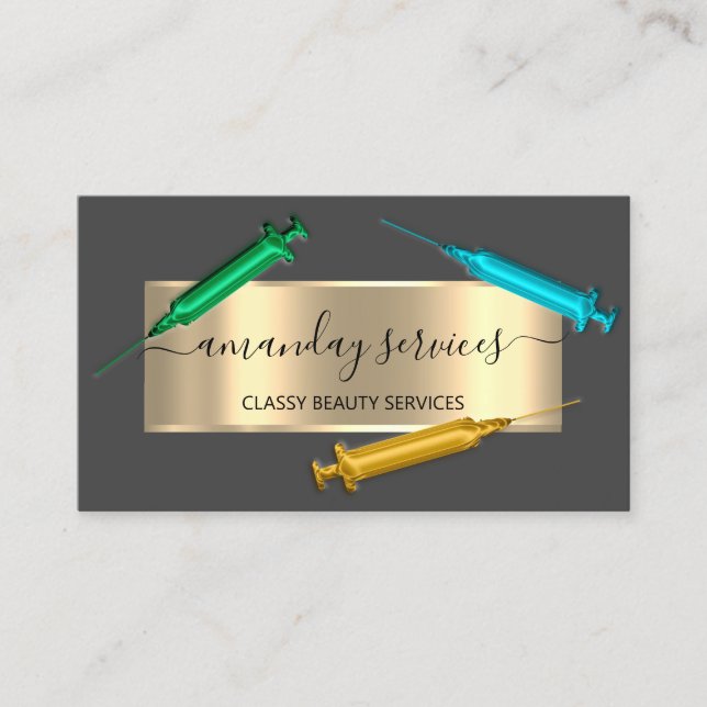 Cosmetologist Syringe Botox B12 QRCode Grey Blue Business Card (Front)