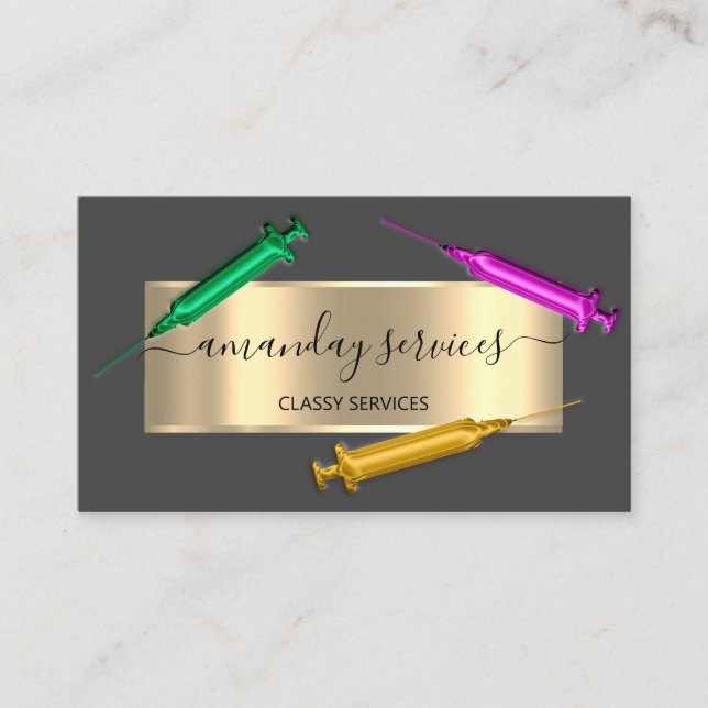 Cosmetologist Syringe Botox B12 QRCode Grey Gold Business Card (Front)