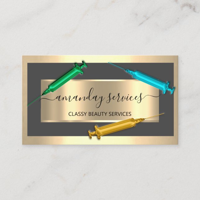 Cosmetologist Syringe Botox B12 QRCode Grey Gold  Business Card (Front)