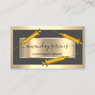 Cosmetologist Syringe Botox B12 QRCode Grey Golden Business Card