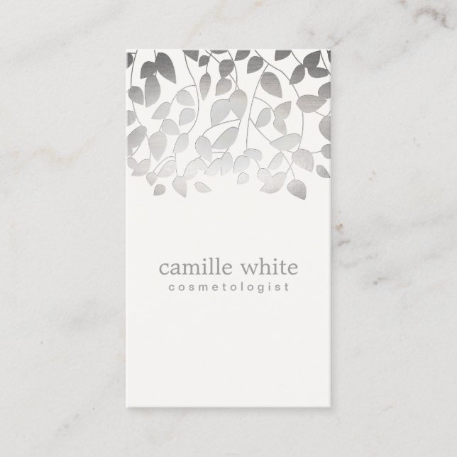 Cosmetology FAUX Silver Leaves Spa and Beauty Business Card (Front)