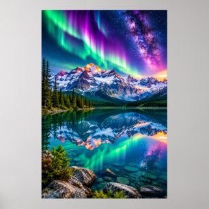 Cosmic Aurora Mountain Lake - Galaxy Reflection Poster