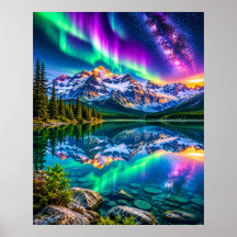 Cosmic Aurora Mountain Lake - Galaxy Reflection