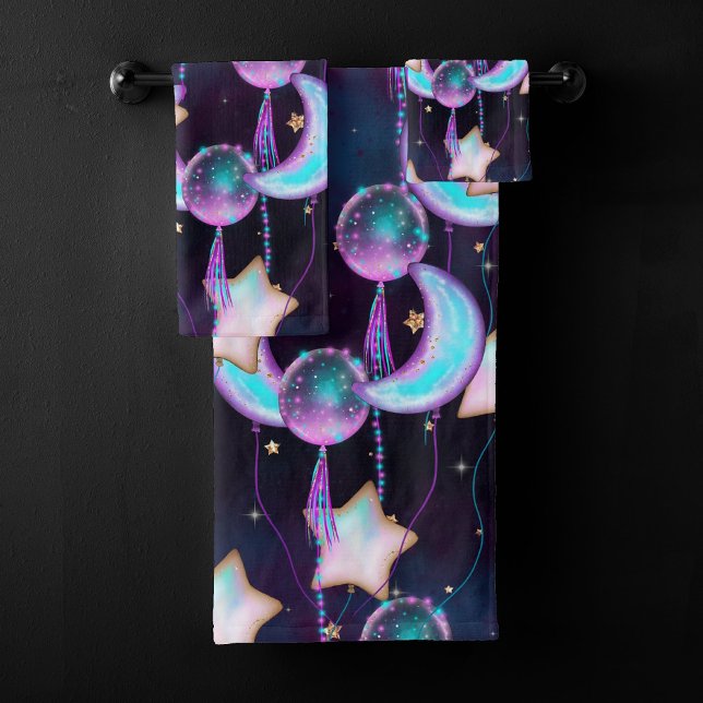 Cosmic Balloons | Blue Purple Moon Stars Planets Bath Towel Set (Creator Uploaded)