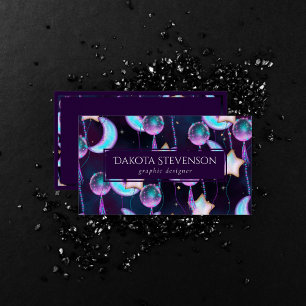 Cosmic Balloons Blue Purple Moon Stars Planets Business Card