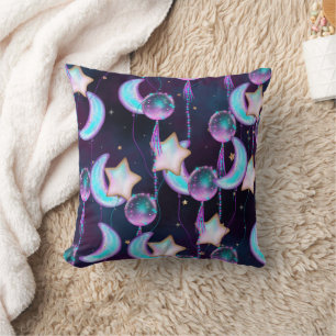 Cosmic Balloons   Blue Purple Moon Stars Planets Throw Pillow