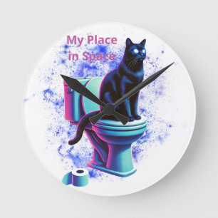 Cosmic Black Cat Toilet – Surreal Vaporwave Art Round Clock