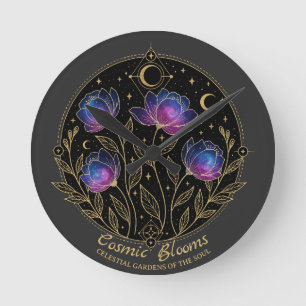 Cosmic Blooms – Celestial Floral (NO NUMBERS) Round Clock