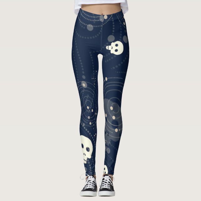 Cosmic Blue Skull Silhouette Pattern Leggings (Front)