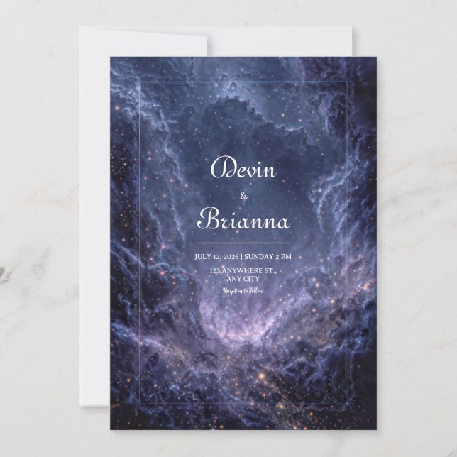 Cosmic Blue Stardust Celestial Wedding Invitation (Front)