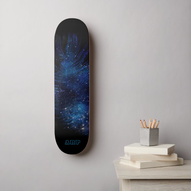 *~*  Cosmic Boho Midnight Sky Pastel Feather Skateboard (Wall Art)