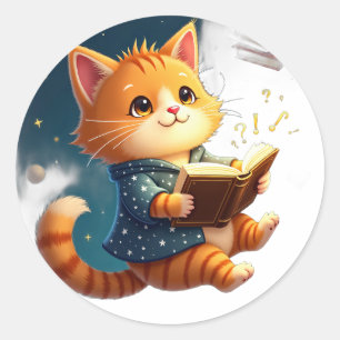 Cosmic Book Lover Cat Reading In Space Classic Round Sticker