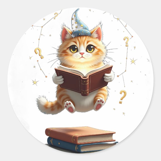Cosmic Book Lover Cat Reading In Space Classic Round Sticker (Front)
