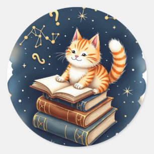 Cosmic Bookworm Cat Classic Round Sticker