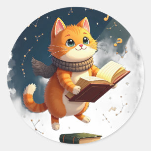 Cosmic Bookworm Cat Reading in Space Funny Book Lo Classic Round Sticker
