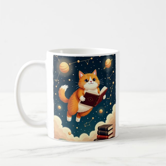 Cosmic Bookworm Cat Space Reading Sticker Tshirt Coffee Mug (Left)