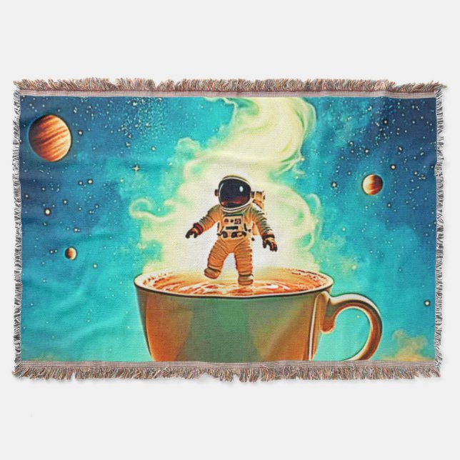Cosmic Brew: Astronaut's Coffee Dream Throw Blanket (Front)
