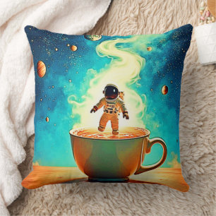 Cosmic Brew: Astronaut's Coffee Dream Throw Pillow