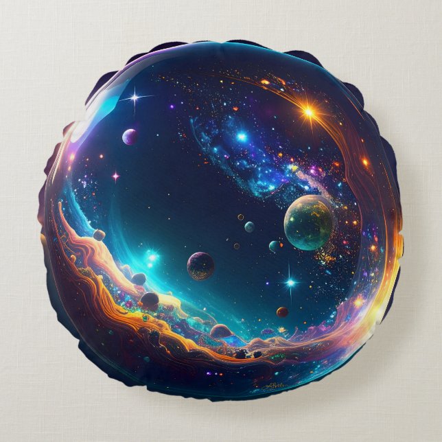 Cosmic Bubble Galaxy Fantasy Art Round Pillow (Front)