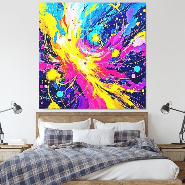 Cosmic Burst: Vibrant Splatter Art Canvas Print (Insitu(Bedroom))