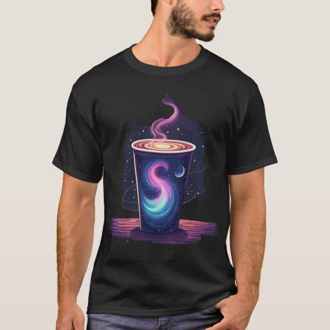 Cosmic Caffeine | Galactic Nebula Swirl Coffee Cup T-Shirt (Front)