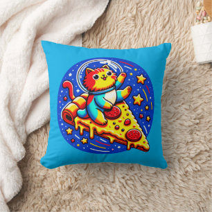 Cosmic Cat Astronaut - Pizza Galaxy Adventure Throw Pillow