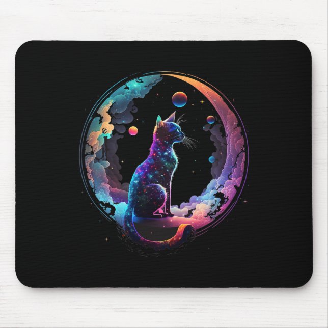 Cosmic Cat Cool Colourful Crescent Moon And Clouds Mouse Pad (Front)