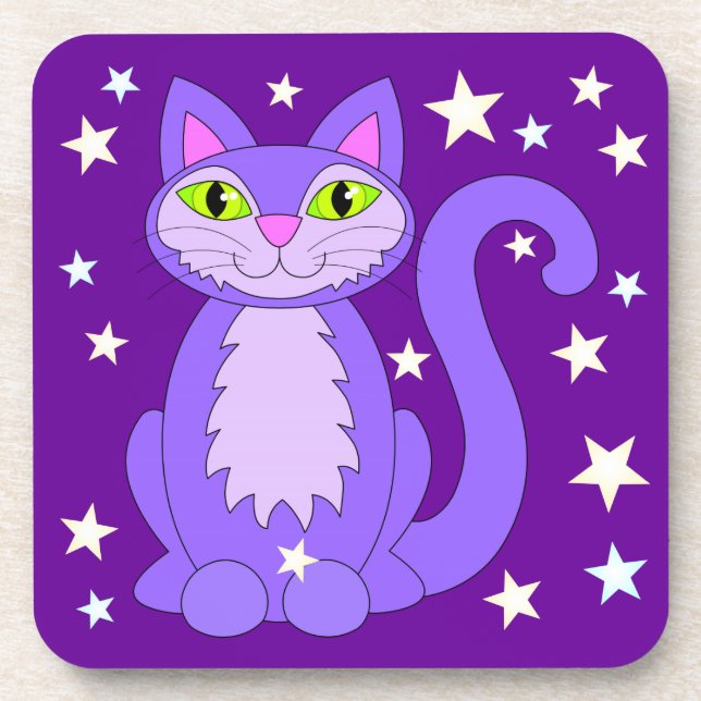 Cosmic Cat Cute Smiling Cartoon Kitty Purple Coaster (Front)
