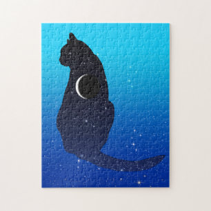 Cosmic Cat in Stars and Crescent Moon Pattern Jigsaw Puzzle