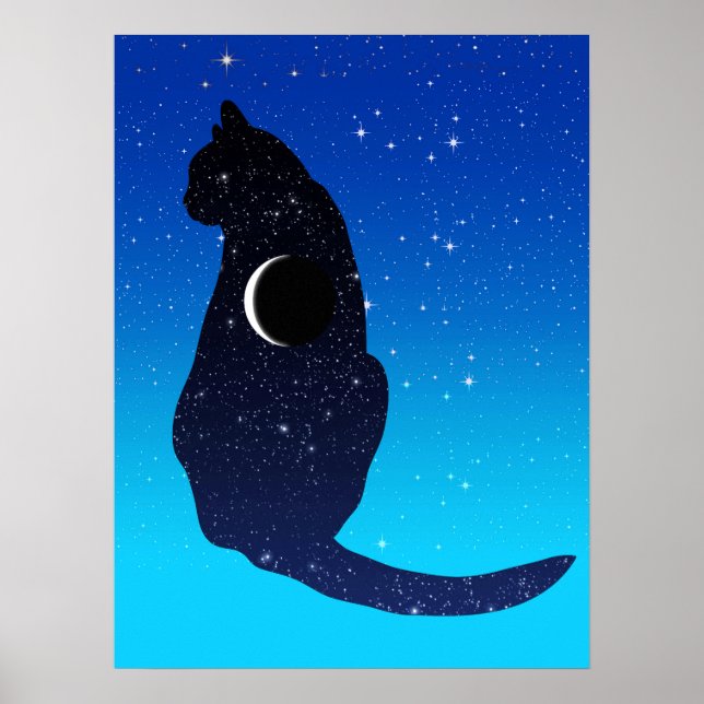 Cosmic Cat in Stars and Crescent Moon Pattern Poster (Front)
