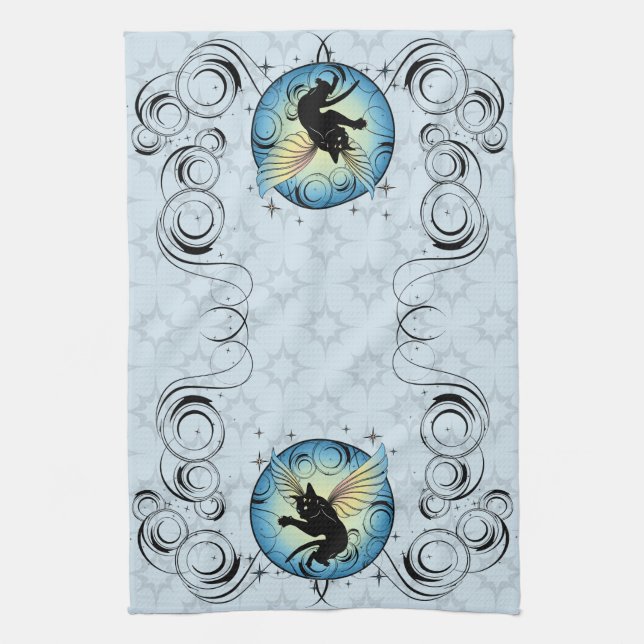 Cosmic Cat Moon and Stars Kitchen Towel (Vertical)