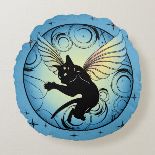 Cosmic Cat Moon and Stars Round Pillow