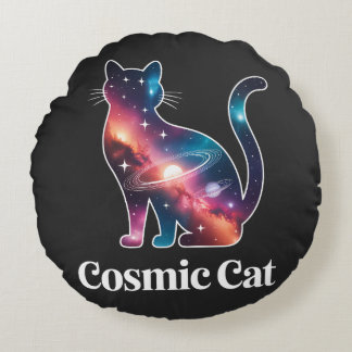 Cosmic Cat Silhouette Galaxy Space Stars Celestial Round Pillow