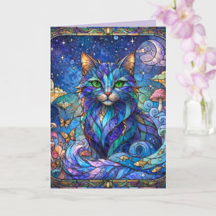 Cosmic Cat Stained Glass Surreal Blue Green Eyes Card