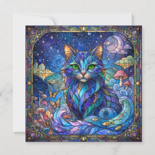 Cosmic Cat Stained Glass Surreal Blue Green Eyes Card