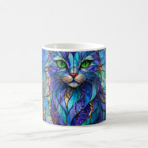 Cosmic Cat Stained Glass Surreal Blue Green Eyes Coffee Mug