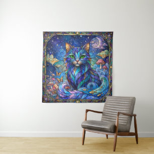 Cosmic Cat Stained Glass Surreal Blue Green Eyes Tapestry
