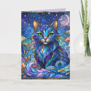 Cosmic Cat Stained Glass Surreal Blue Green Eyes Thank You Card