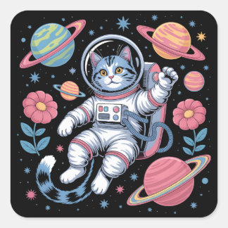 Cosmic Catstronaut in Neon Space Vaporwave Square Sticker