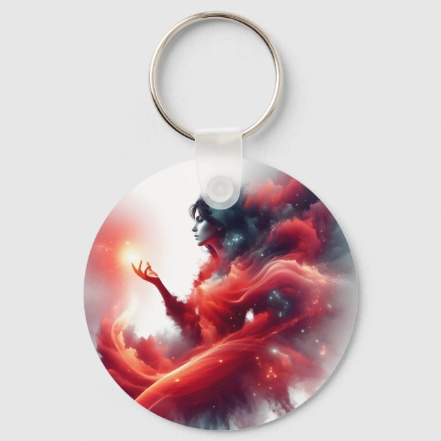 Cosmic Celestial Goddess Abstract Red Cloud Galaxy Keychain (Front)