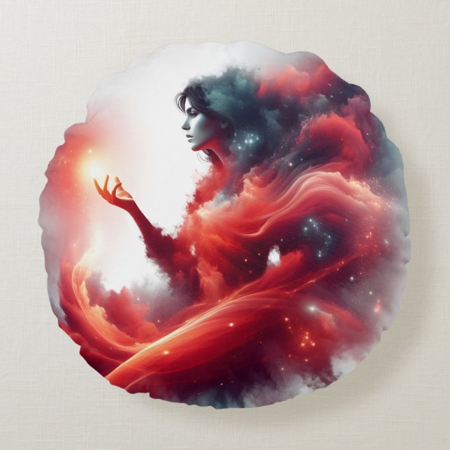 Cosmic Celestial Goddess Abstract Red Cloud Galaxy Round Pillow (Front)